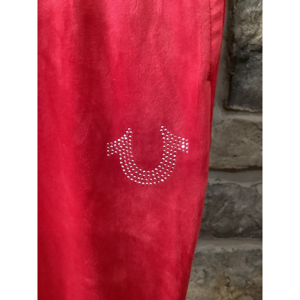 True Religion Womens Velour Straight Leg Sweatpants Red Rhinestone Logo XS New - Picture 2 of 7